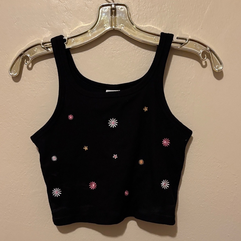 PINK Victoria's Secret Black Tank Top with Floral Accents